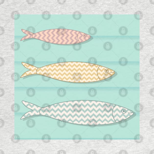 Traditional Portuguese icon. Colored sardines with geometric chevron patterns on wooden background. by AnaMOMarques